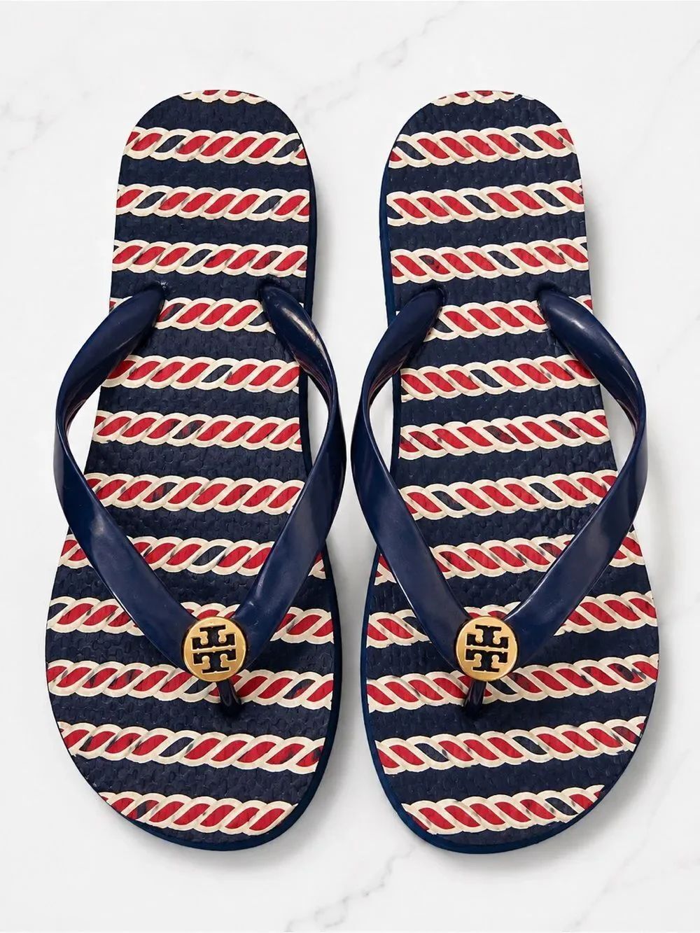 Tory Burch Navy, Red and Cream Rope-Print Logo Thong Sandals